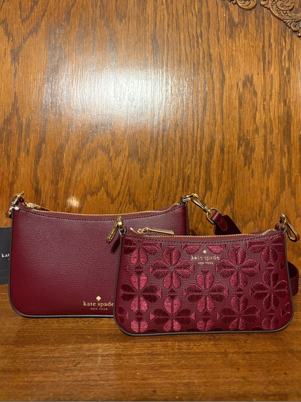 NWT-Kate Spade-Duet Small Crossbody-Spade Flower ♠️ Embroidered-Dark Merlot-$379 - Picture 3 of 14